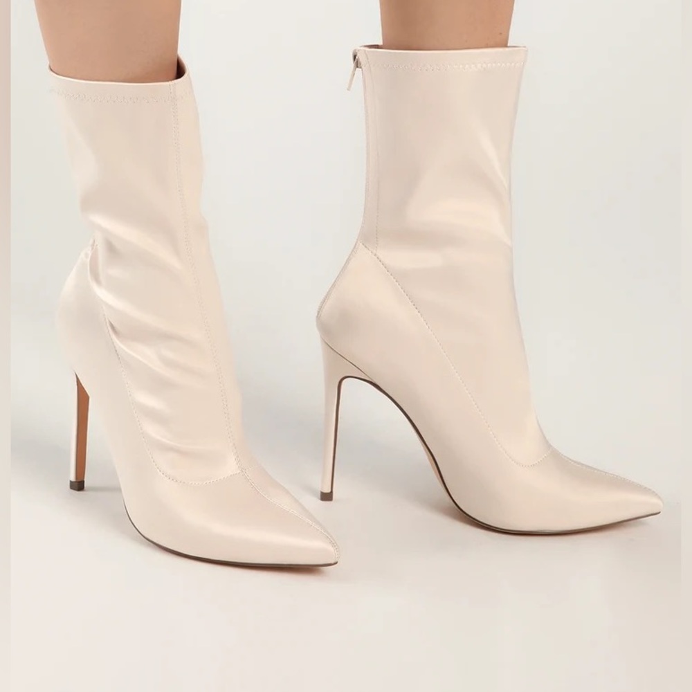 NWT Lulu’s Bone Satin Pointed Toe Mid Calf Sock Boots